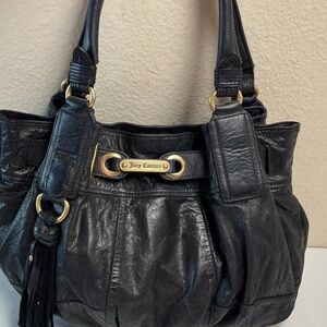 Juicy Couture Black Large Leather Shoulder Bag/Purse Fringe Tassel Hobo Boho